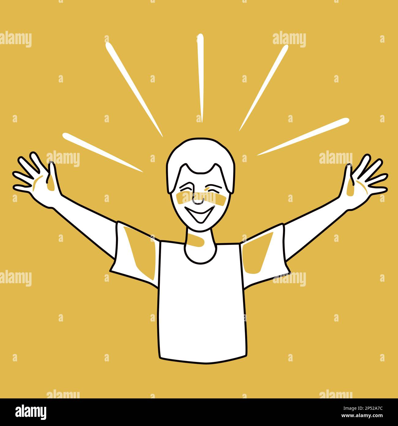 Happy boy, emotion of happiness, orange and white. Joyful adolescent half body vector drawing, good spirit of male child, hands to the sides. Line wit Stock Vector