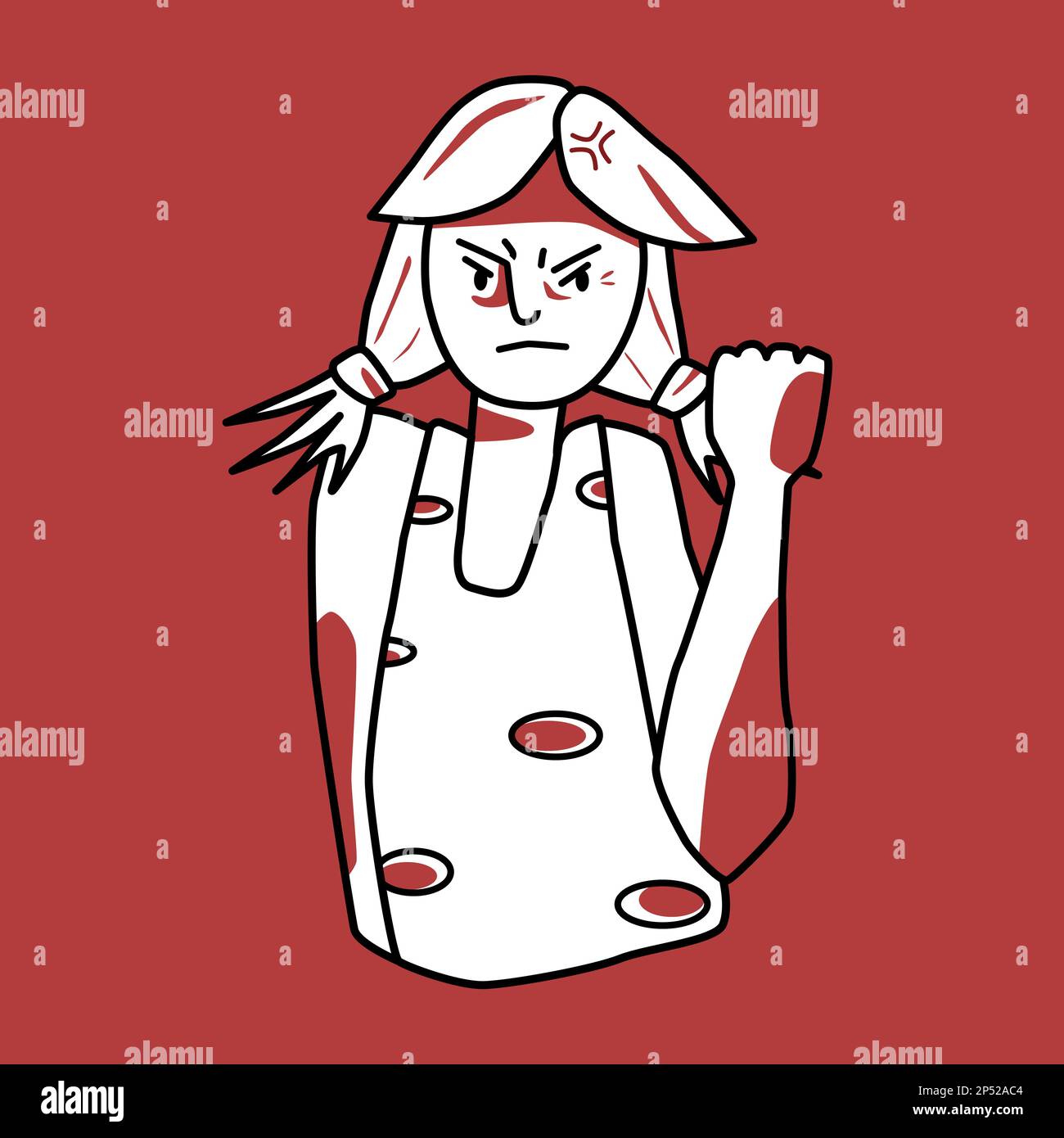 Angry girl, irritated emotion, red and white. Annoyed half body adolescent with ponytails haircut, negative evil mood female kid, threaten with a fist Stock Vector