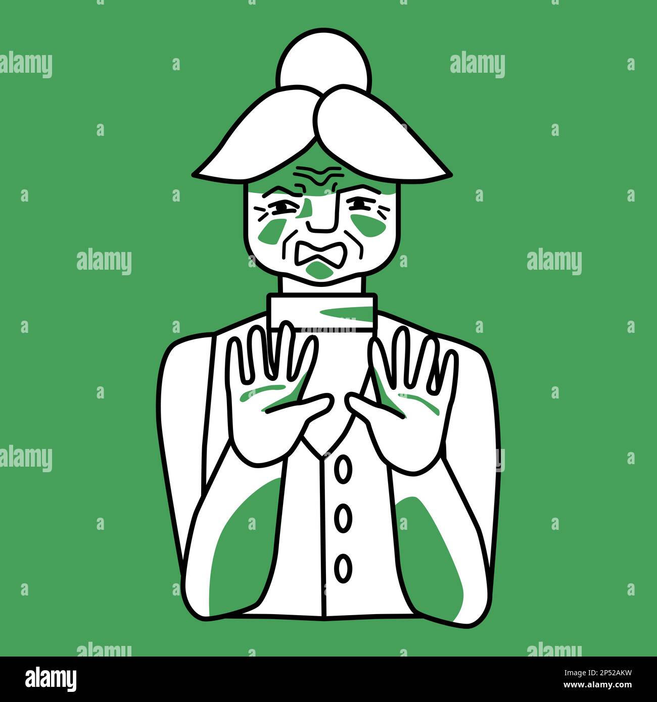 Old woman with emotion of disgust, green and white. Disgusted mood half body grandmother, line art hand drawn sketch style design. Stock Vector