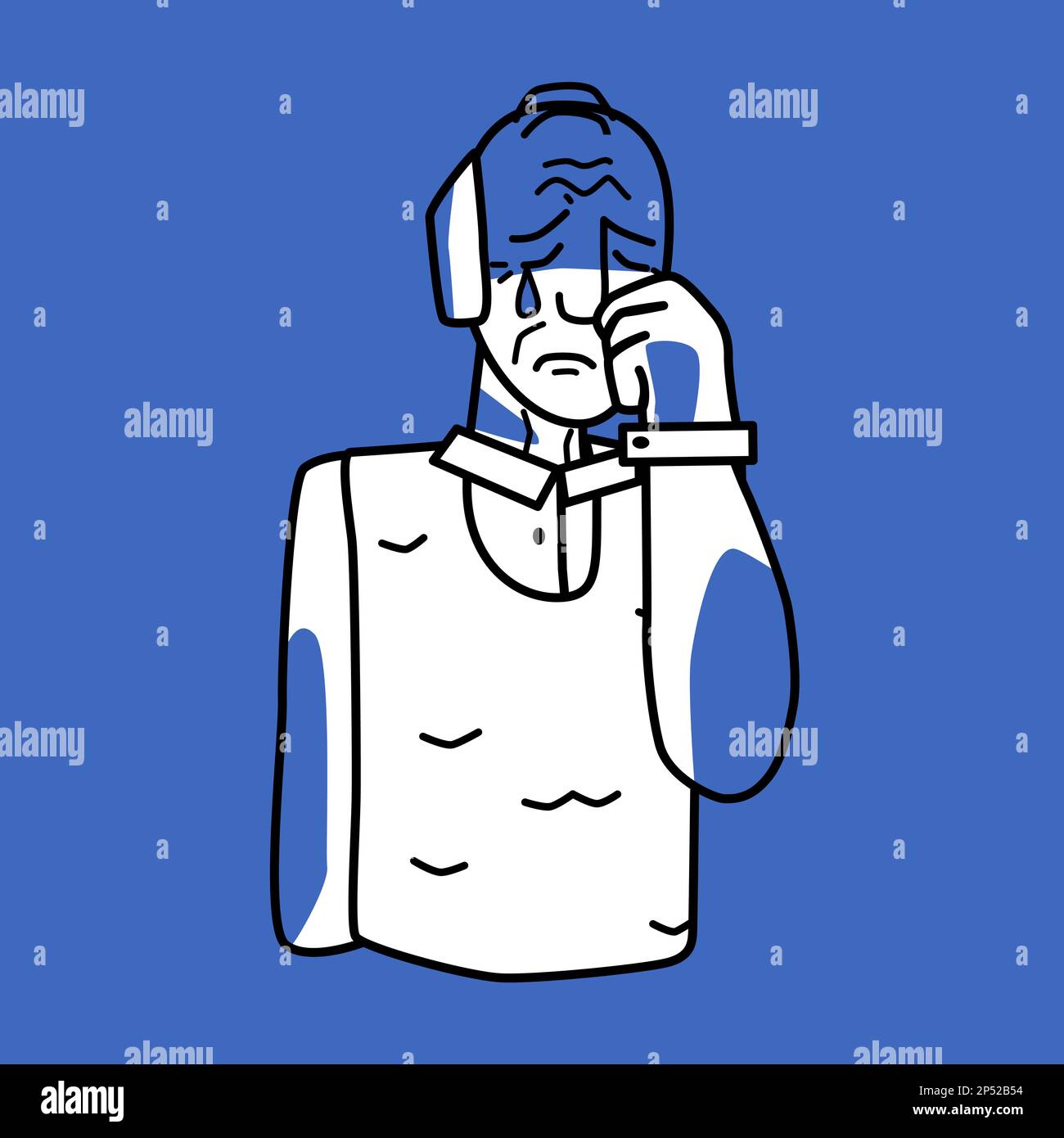 Sad grandfather, emotion of melancholy, blue and white. Sadness of an