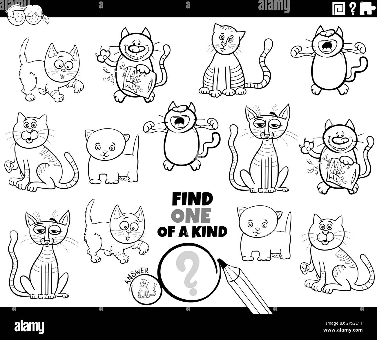 Black and white cartoon illustration of find one of a kind picture ...