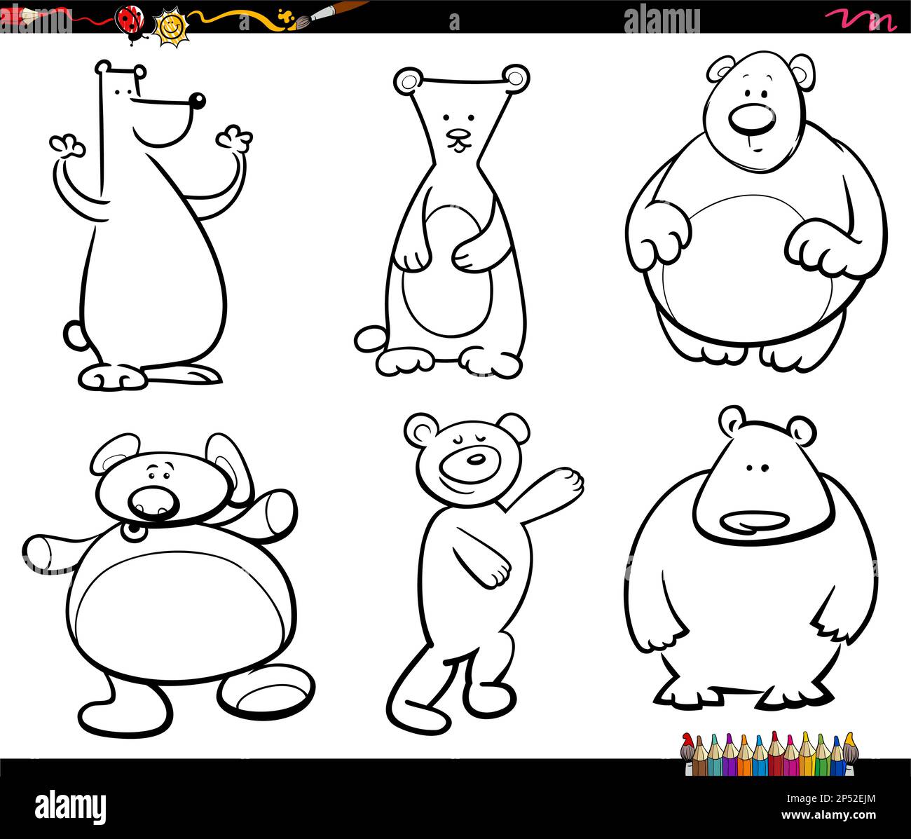 Black and white cartoon humorous illustration of funny bears animal