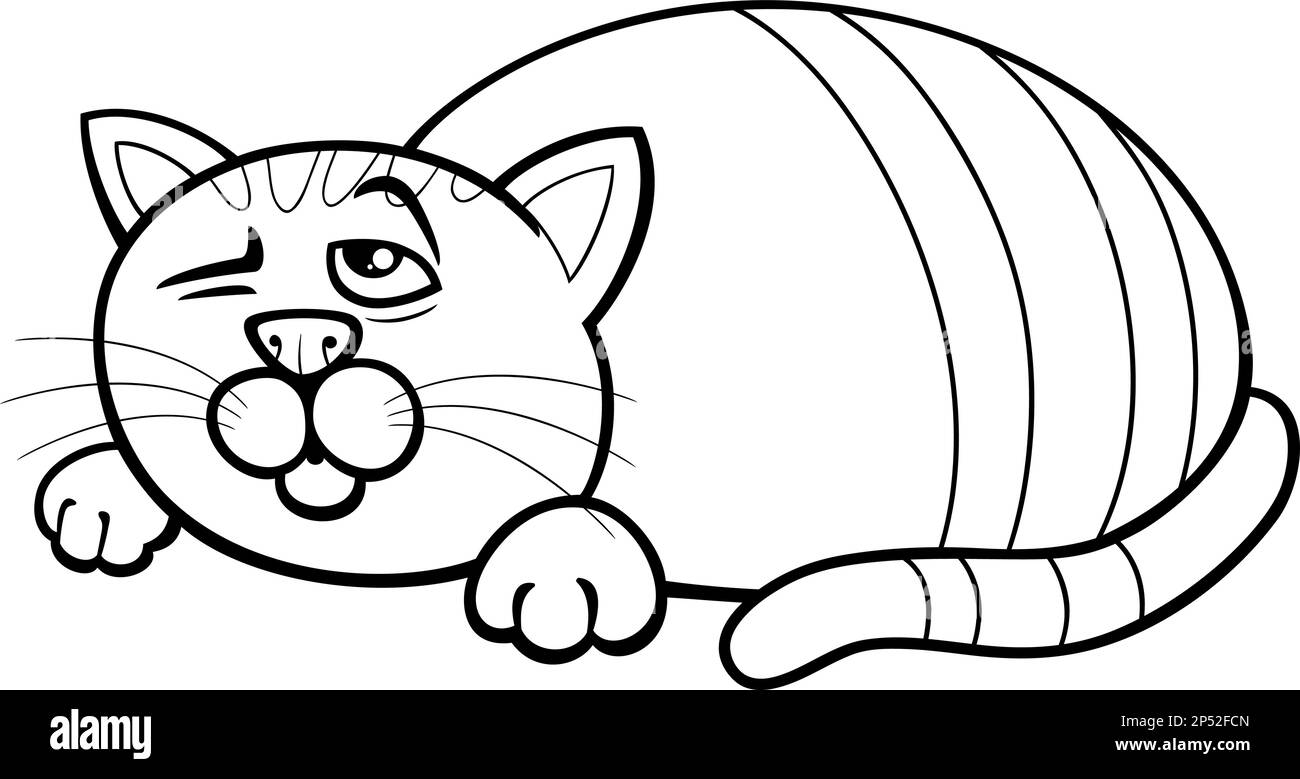 Black and white cartoon illustration of funny sleepy cat comic animal