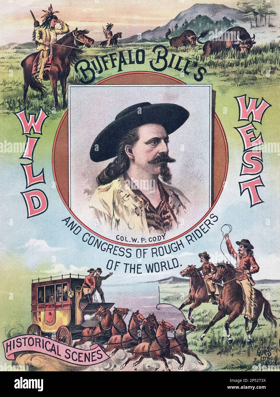 Front cover of Buffalo Bill's Wild West and Congress of Rough Rider's of the World.  The 76 page booklet was published in 1893 to promote Buffalo Bill's Wild West show which was held adjacent to the grounds of the World's Columbian Exposition, a world fair held in Chicago.  Illustrations by an unidentified artist. Stock Photo