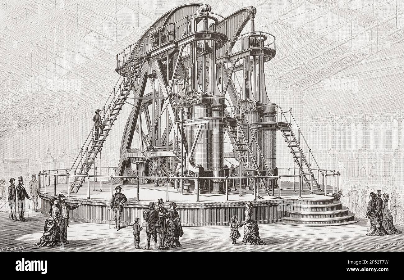 The rotative beam engine known as the Corliss Centennial Engine which supplied power to most of the exhibits at the Centennial Exposition in Philadelphia in 1876.  After an illustration in Appletons' Cyclopaedia of Applied Mechanics, published 1880. Stock Photo