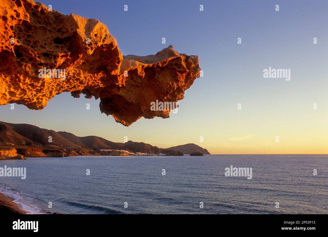 Gargoyle Rocks eroded by wind, sea water and sand in Playa del Arco.Los Escullos. Cabo de Gata-Nijar Natural Park. Biosphere Reserve, Almeria province Stock Photo