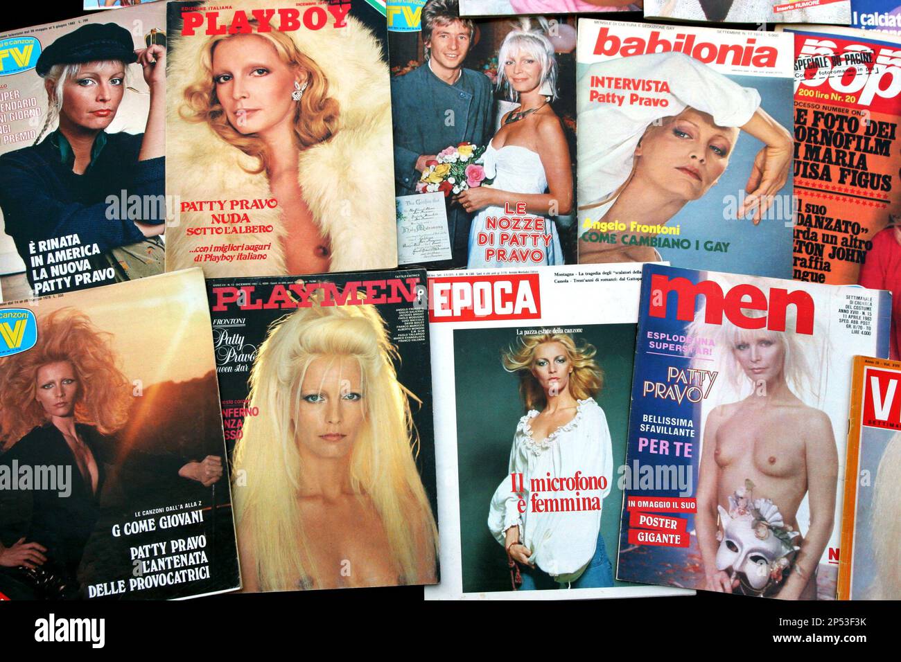 Collection of italians magazines with  the celebrated italian pop singer PATTY PRAVO on cover , from 1966 to 1980's  - MUSICA POP - MUSIC - copertine di giornali riviste - giornale rivista  - cantante - camp - gay icon - LGBT - collezione - collezionismo  ----  Archivio GBB Stock Photo