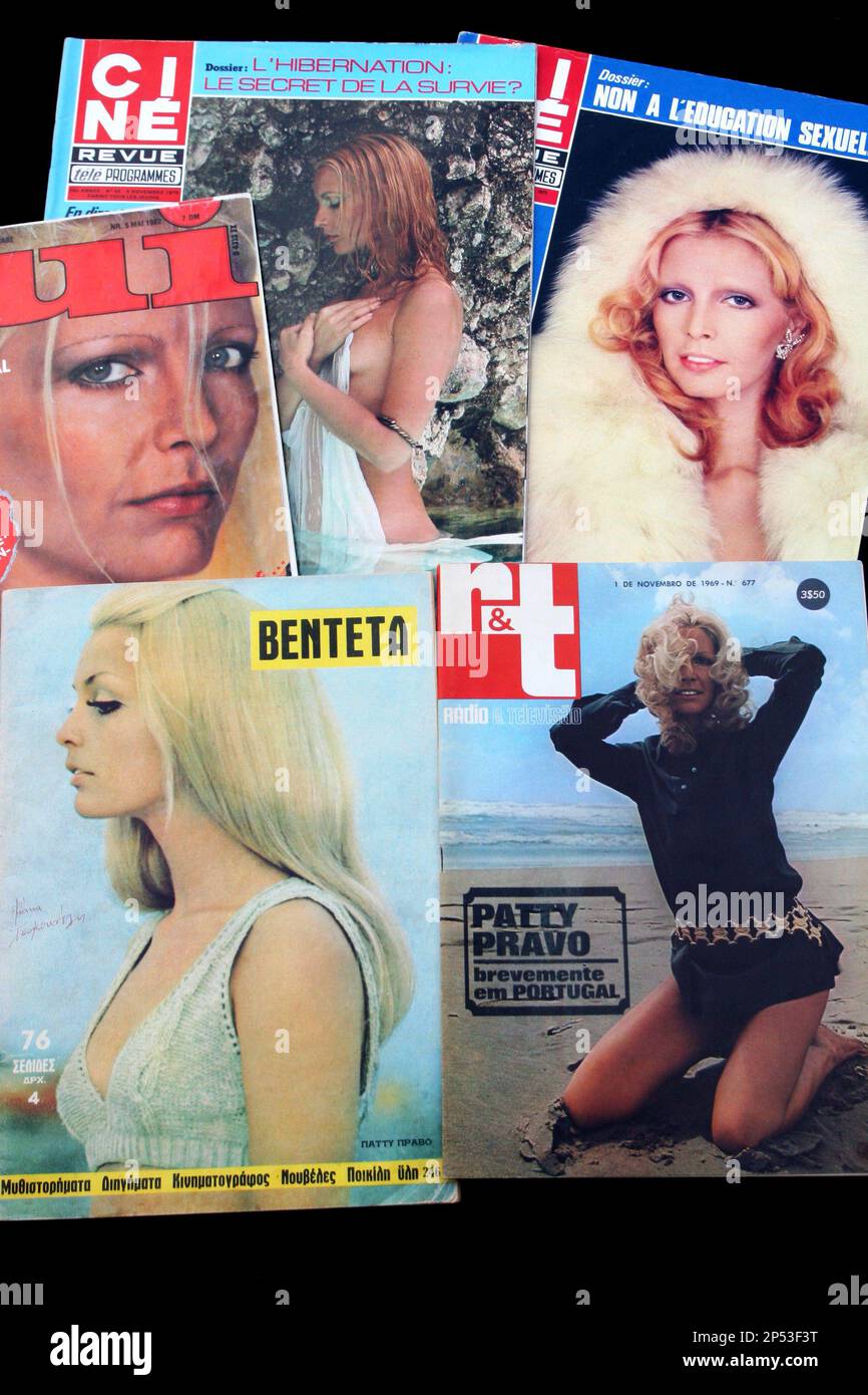 Collection of magazines with  the celebrated italian pop singer PATTY PRAVO on cover , from France , Greece , Portugal and Germany , from  1967 to 1982 - MUSICA POP - MUSIC - copertine di giornali riviste - giornale rivista  - cantante - camp - gay icon - LGBT - collezione - collezionismo ----  Archivio GBB Stock Photo