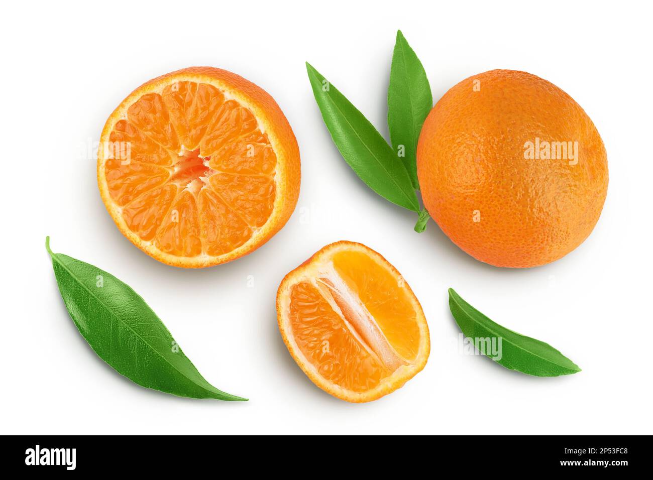Tangerine or clementine with green leaf isolated on white background