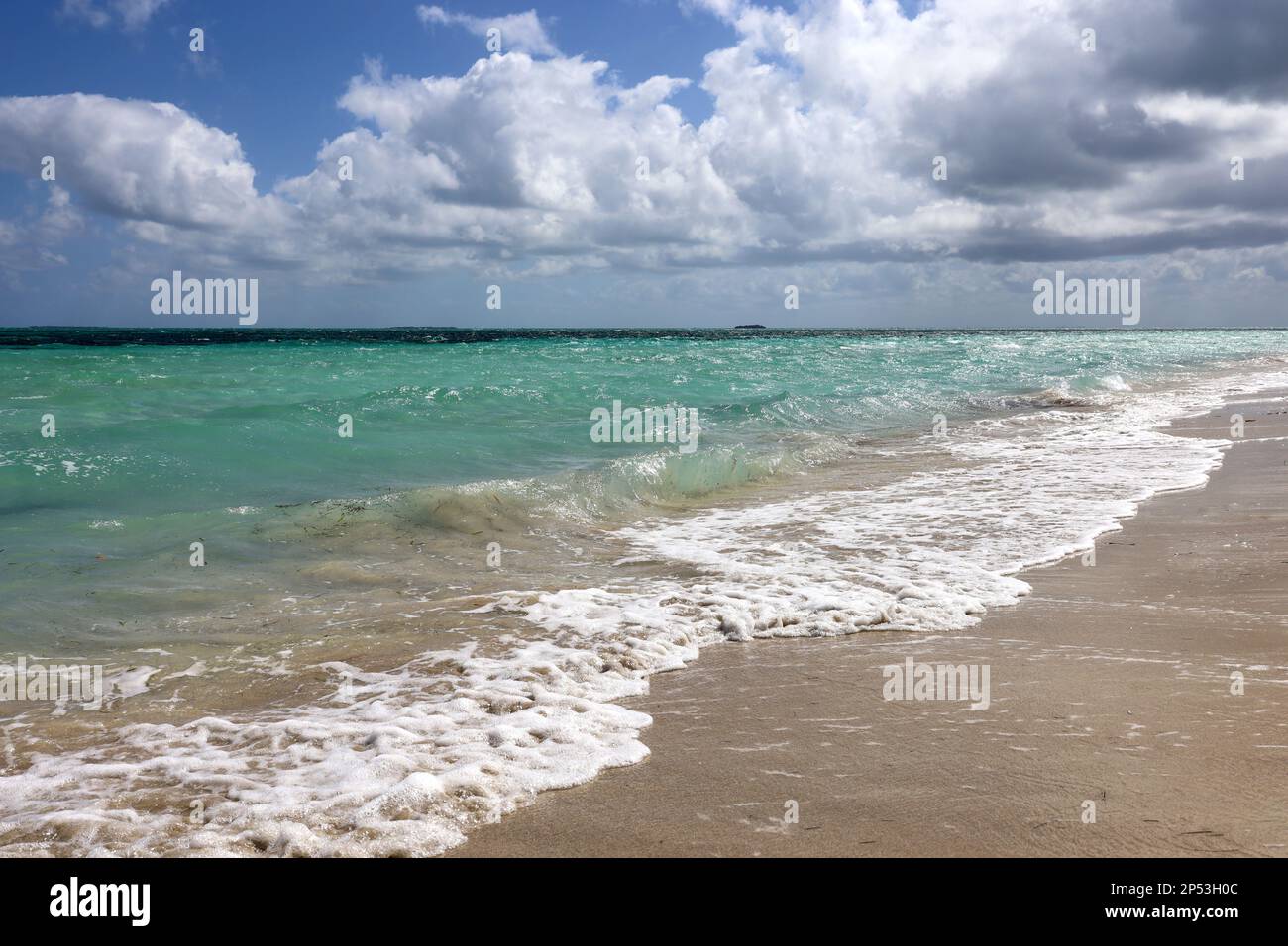 Waves breaking on a sand, view to ocean beach and sky with white clouds. Background for holidays on a paradise nature Stock Photo