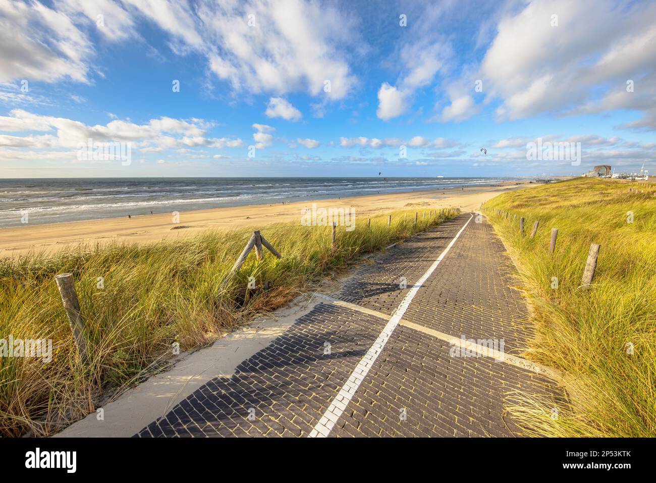 Paved Trail through dune landscape entrance to the beach of North Sea