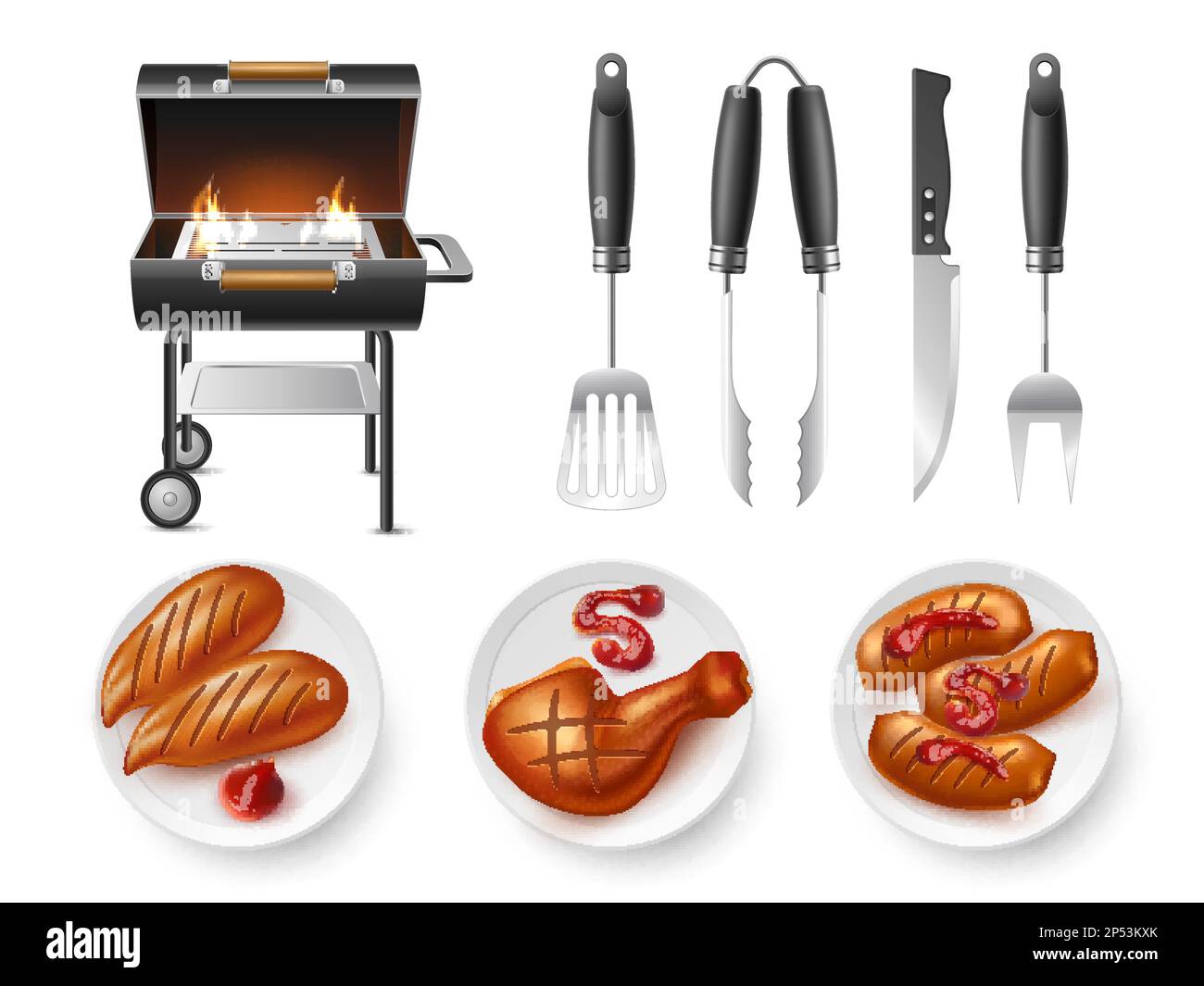 Realistic barbecue grill elements. Outdoor cooking device, smoldering