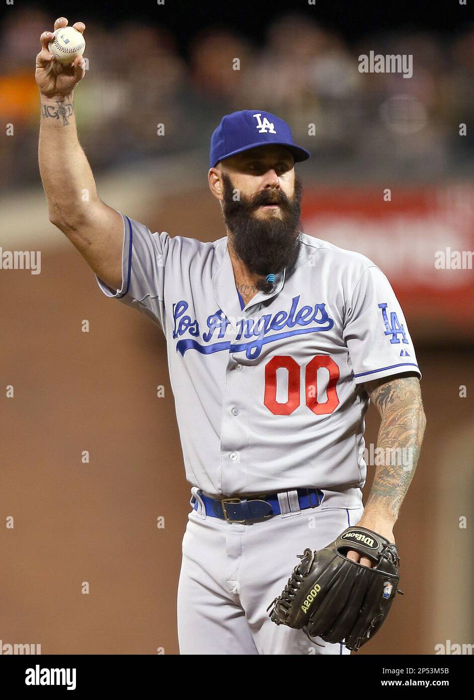 San Francisco Giants pitcher Brian Wilson throws against the Los Angeles  Dodgers in the ninth inning on Sunday, April 5, 2009, in San Francisco,  California. The Giants won 3-1. (Photo by Aric