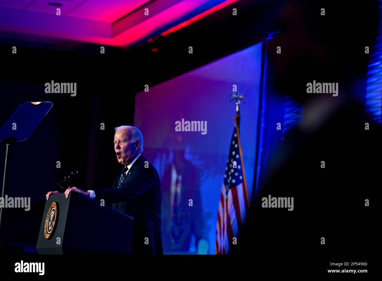 Washington, DC, US, March 6, 2023. United States President Joe Biden speaks at the International Association of Fire Fighters legislative conference in Washington, DC, US, on Monday, March 6, 2023. The Biden administration is nearing completion of an executive order that would restrict investments by US companies in parts of the Chinese economy people familiar with the matter said.Credit: Andrew Harrer/Pool via CNP/MediaPunch Stock Photo