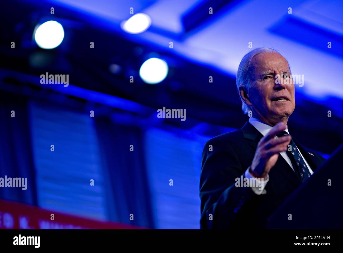 Washington, DC, US, March 6, 2023. United States President Joe Biden speaks at the International Association of Fire Fighters legislative conference in Washington, DC, US, on Monday, March 6, 2023. The Biden administration is nearing completion of an executive order that would restrict investments by US companies in parts of the Chinese economy people familiar with the matter said.Credit: Andrew Harrer/Pool via CNP/MediaPunch Stock Photo