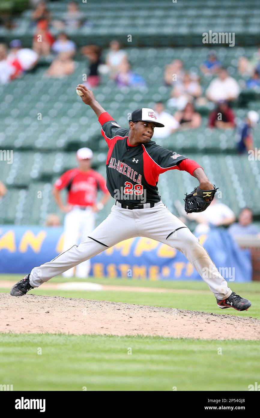 August 18 2008: Mychal Givens (29) of the Baseball Factory team during the  2008 Under Armour All-American Game at Wrigley Field in Chicago, Illinois.  (Mike Janes/Four Seam Images via AP Images Stock