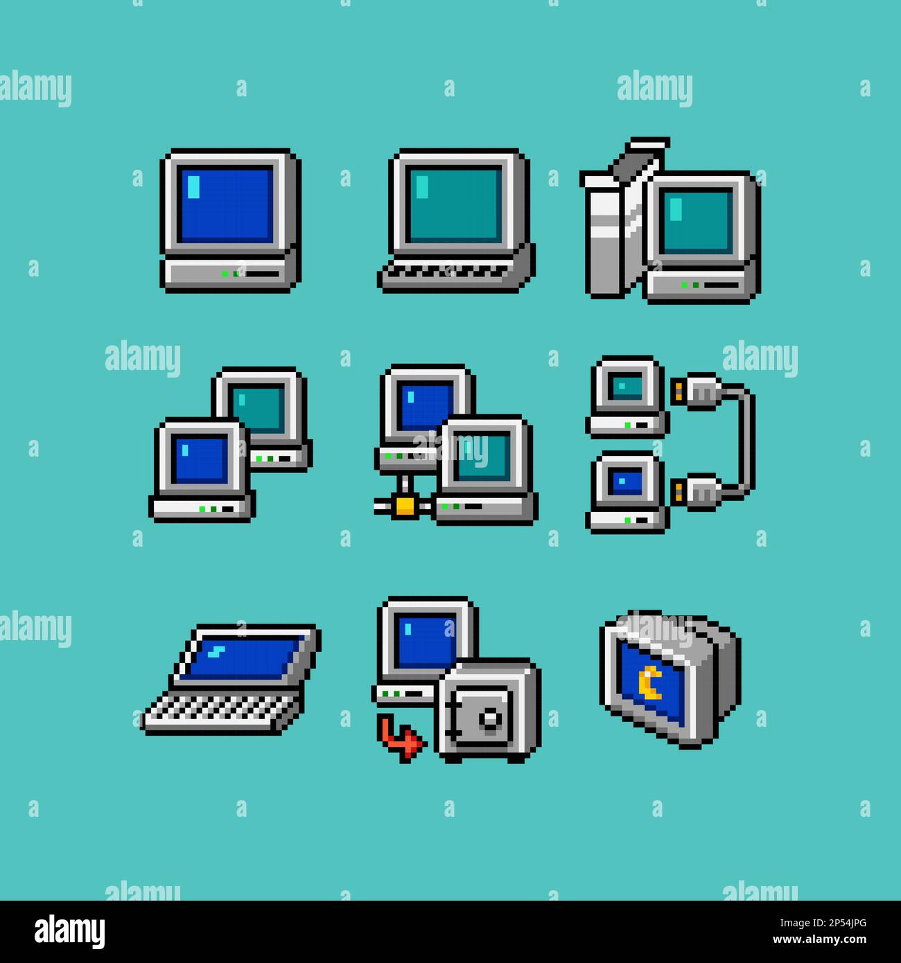 Retro computer interface elements set. Old PC UI icon assets for computer. Display, network, windows, laptop, application program install, storage Stock Vector