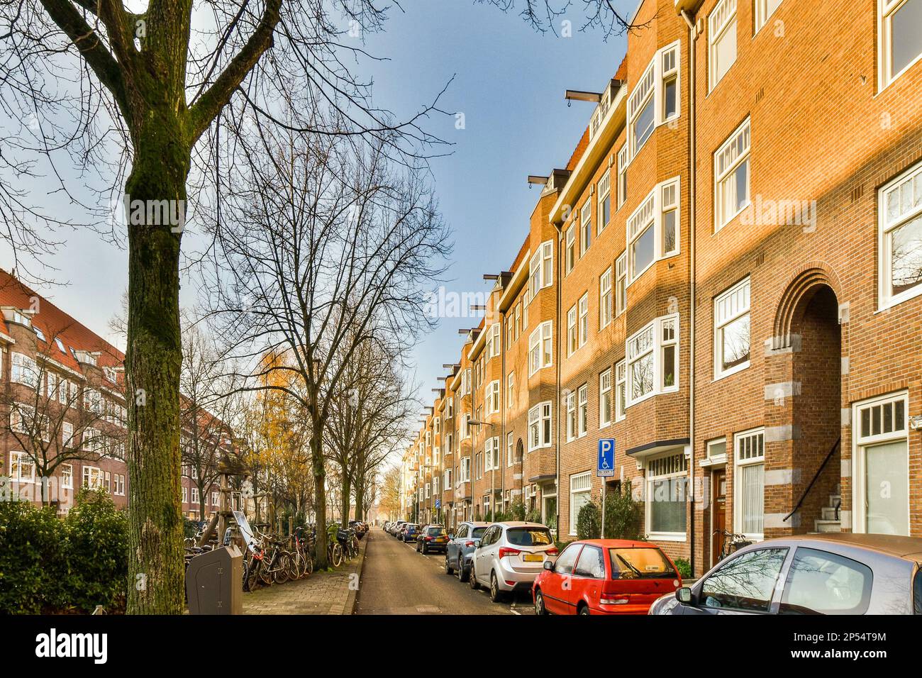 a street with cars parked on the side and buildings in the back ground ...