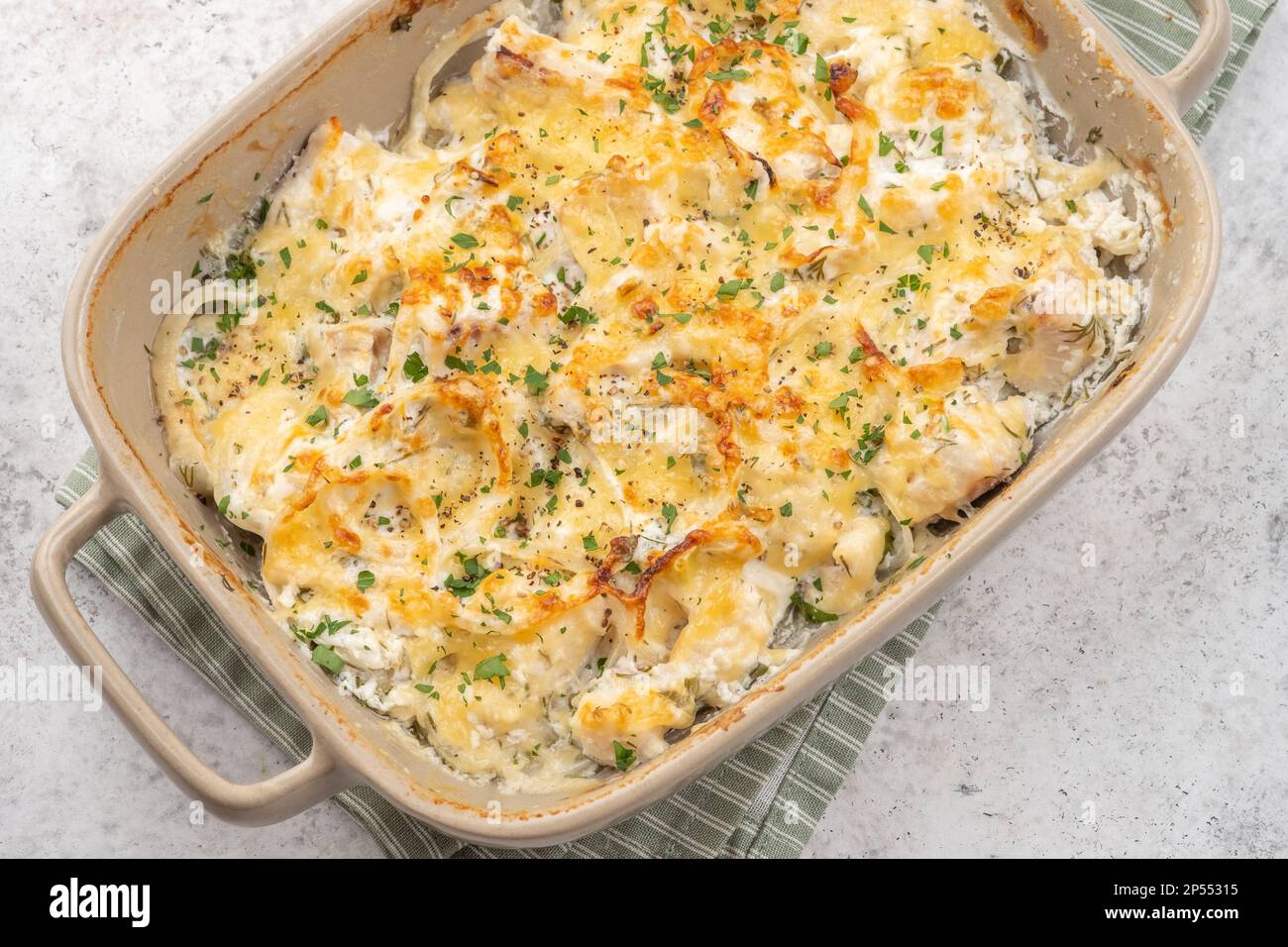 White fish casserole, cauliflower and potato Stock Photo - Alamy