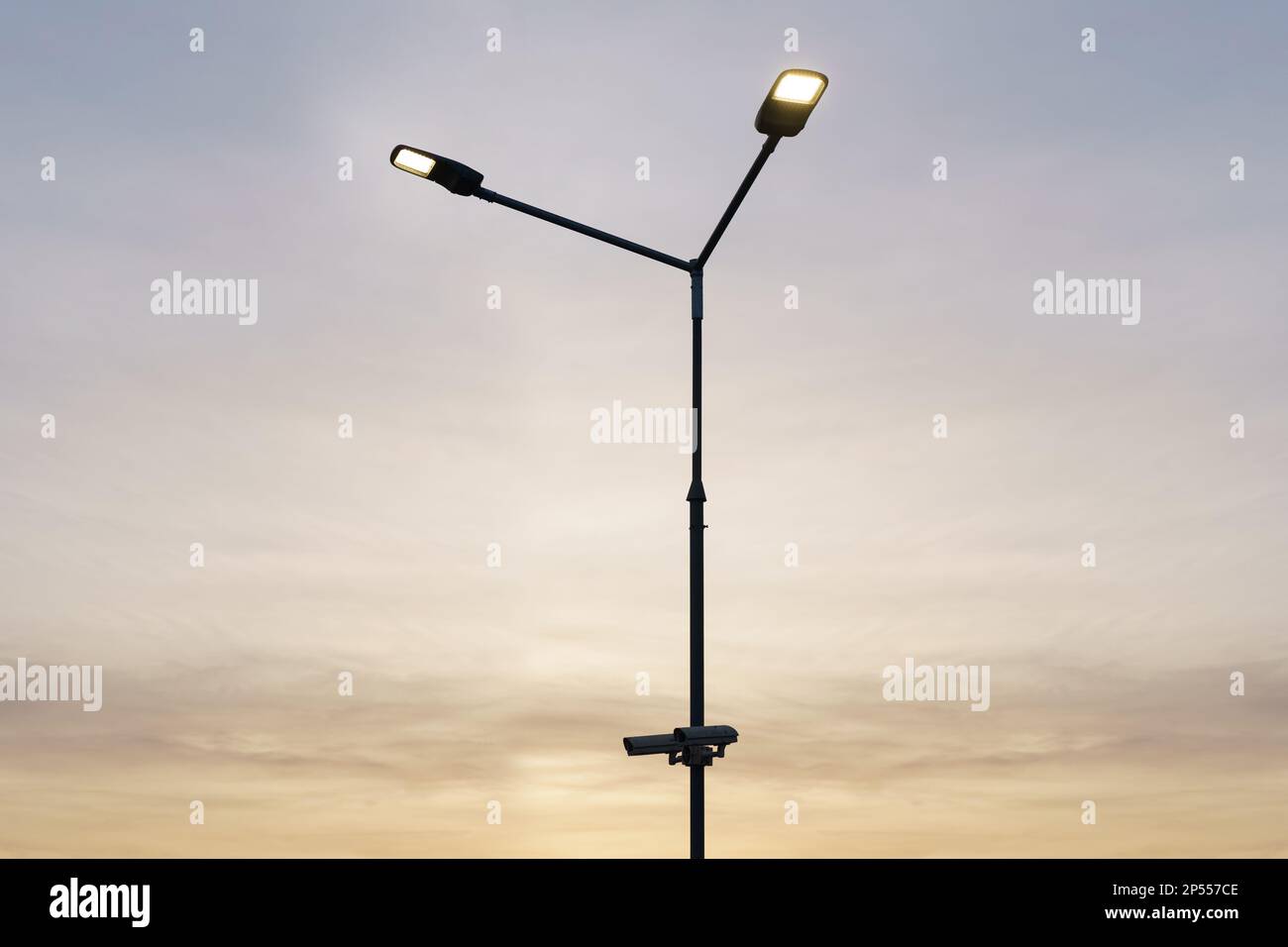 The pole is equipped with LED lights and video surveillance cameras