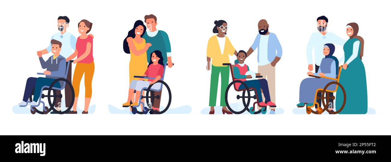 Parents and their children with disabilities smile together. Handicapped boys and girls in