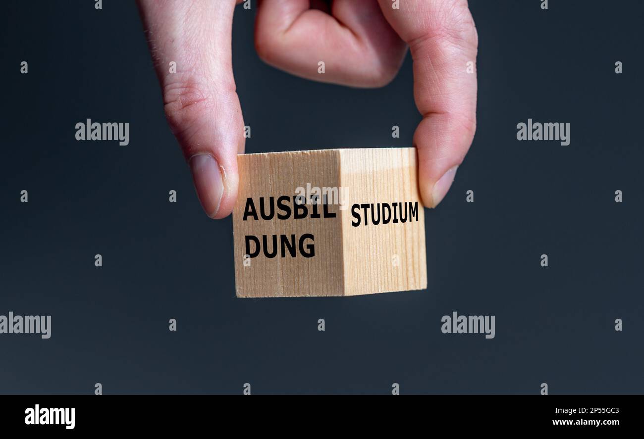 Symbol for the decision of going to the university or doing an internship. Wooden cube with the German words 'Ausbildung' (internship) and 'Studium' ( Stock Photo