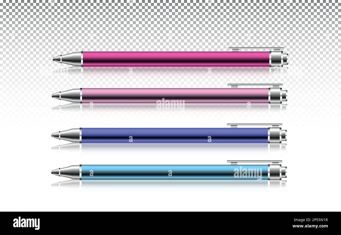 Vector set of realistic ballpoint pens on transparent background