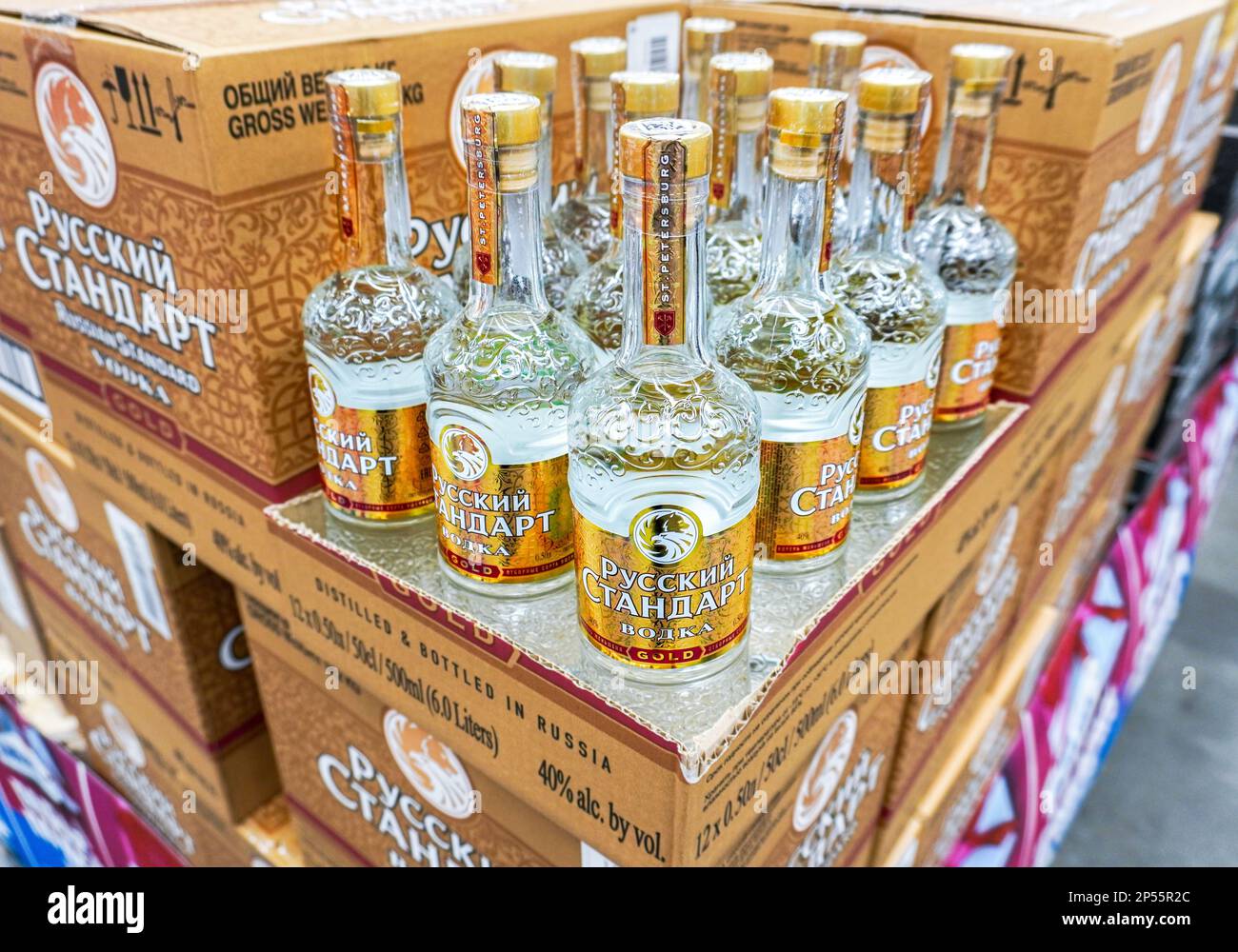 Samara, Russia - March 2, 2023: Russian Standard Gold vodka on display for sale in a superstore. Bottled alcoholic beverages and spirit drinks. Strong Stock Photo