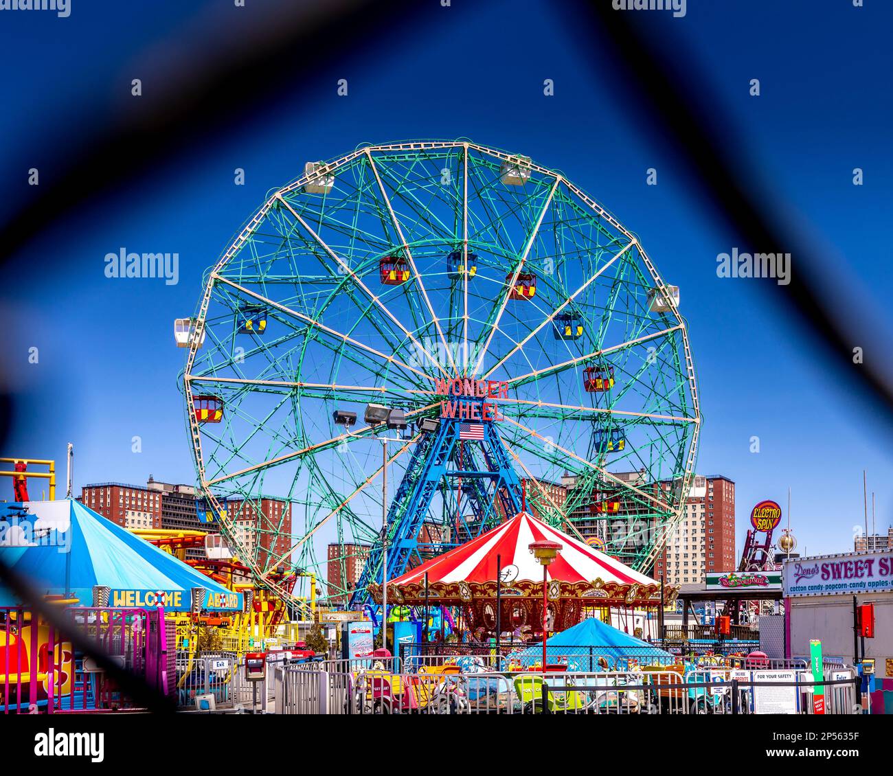 Coney Island, USA - April 28, 2022: The famous Wonder Wheel in Coney Island. The Eccentric Ferris Wheel was built in 1920, it has 24 fully enclosed ca Stock Photo