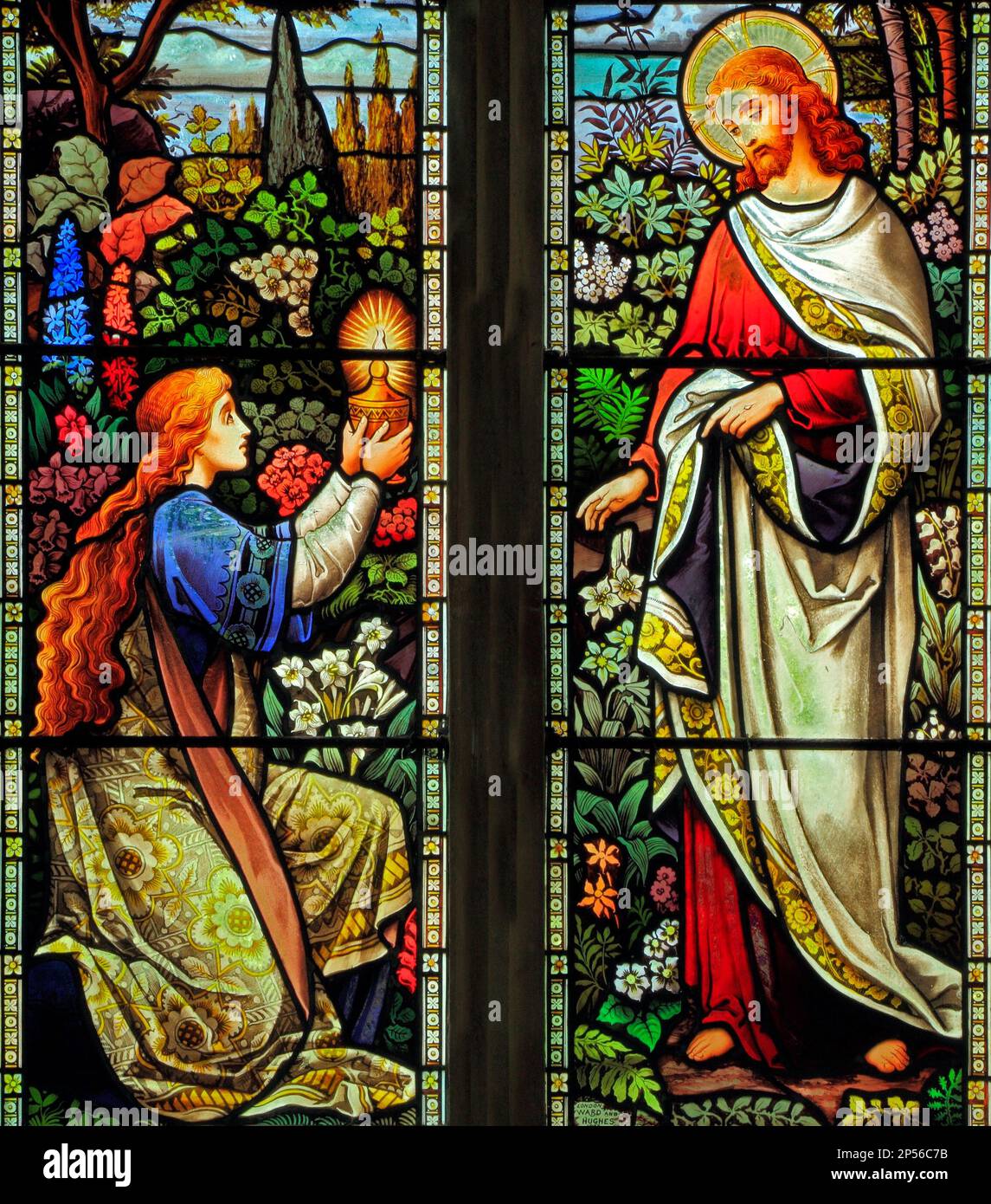 Mary Magdalene, and the risen Jesus Christ, stained glass window, 1883, by Ward & Hughes, Dunton, Norfolk, England, UK, Easter Stock Photo