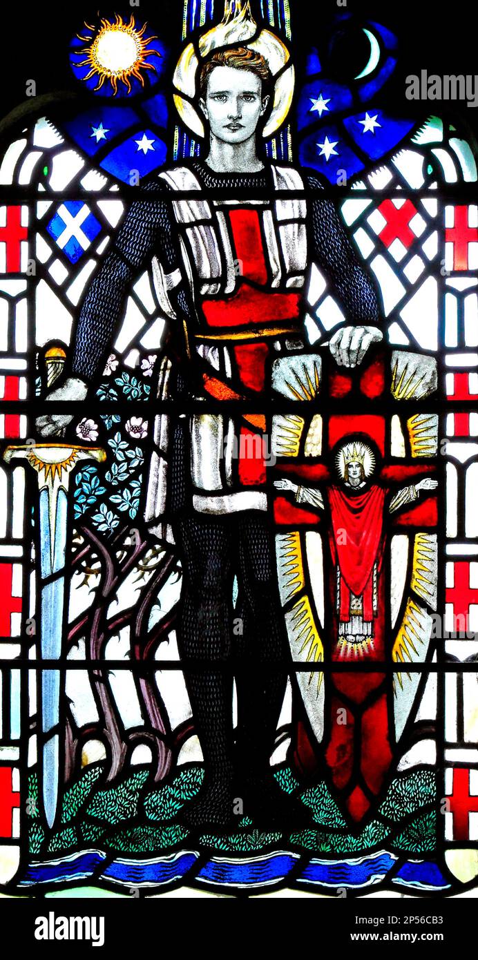 St. George, stained glass window 1920, by Karl Parsons, Arts and Crafts style, memorial window to Capt. Frank Beck, West Newton, Norfolk Stock Photo