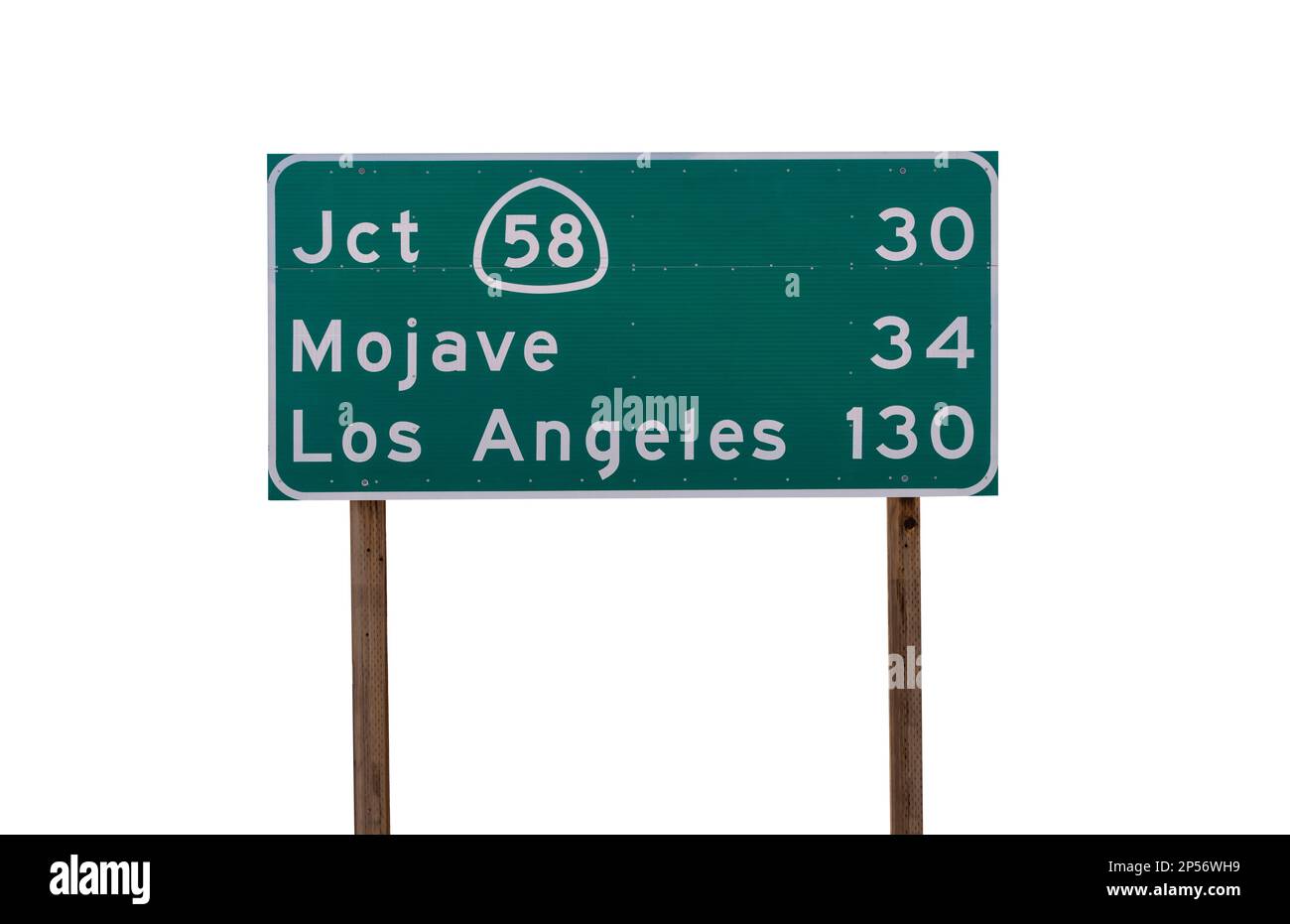 Mojave, Los Angeles and Route 58 junction highway sign with cut out background. Stock Photo
