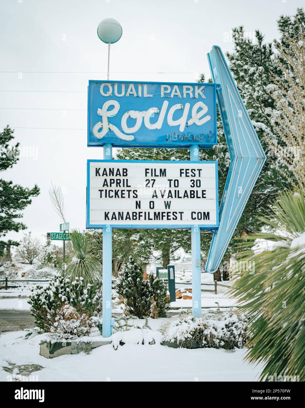 Quail Park Lodge vintage sign in snow, Kanab, Utah Stock Photo