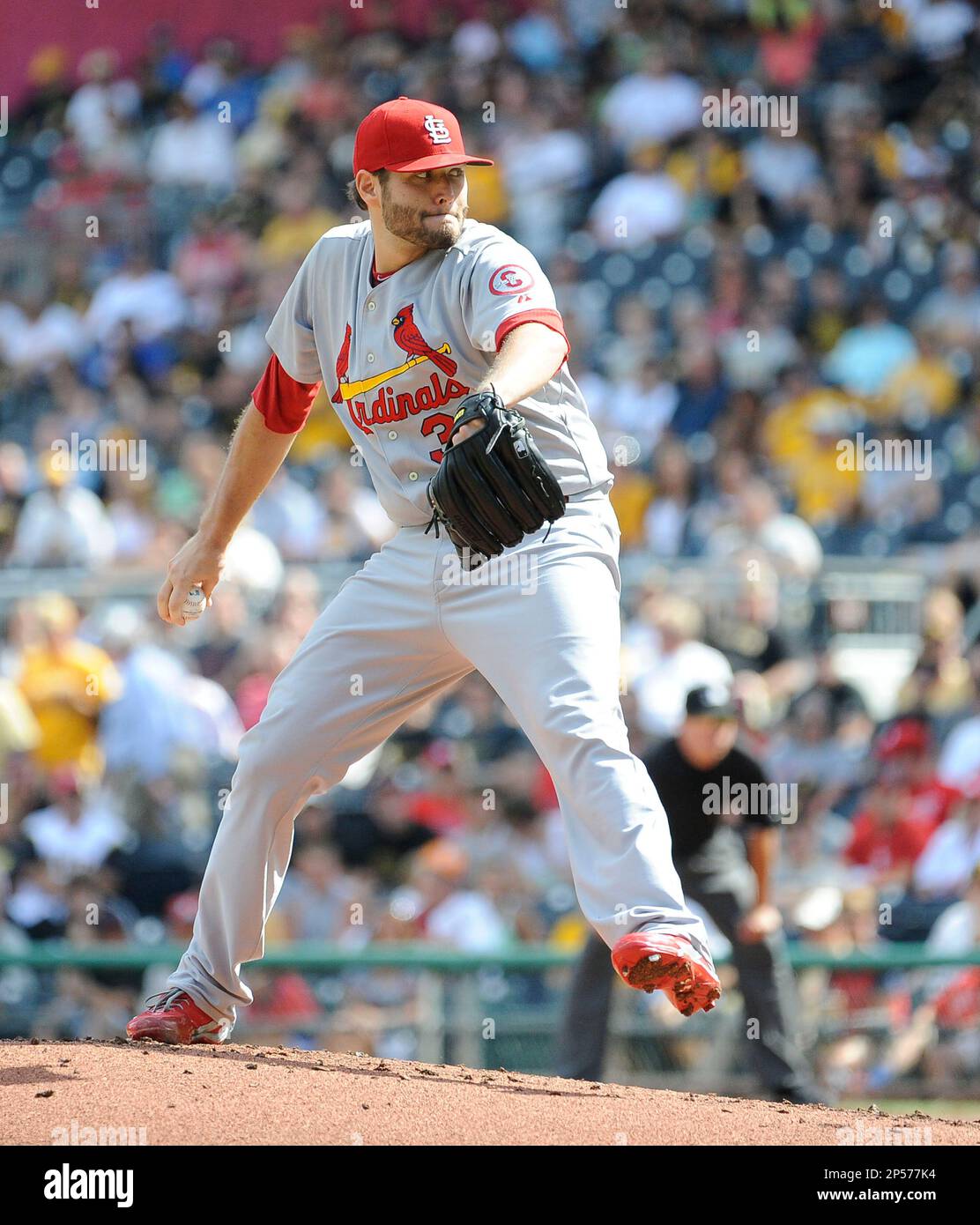 St. Louis Cardinals Lance Lynn (31) during a game against the Pittsburgh  Pirates on July 30, 2013 at PNC Park in Pittsburgh, PA. The Pirates beat  the Cardinals 2-1.(AP Photo/Chris Bernacchi Stock