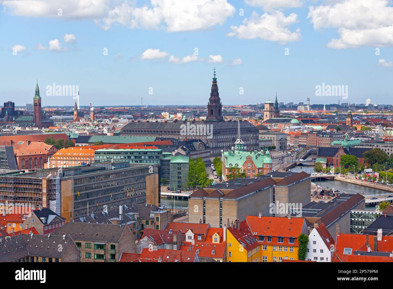 Copenhagen, Denmark - June 28 2019: Aerial view of the city with many landmarks: Copenhagen City Hall, Christiansborg Palace, Børsen and others. Stock Photo