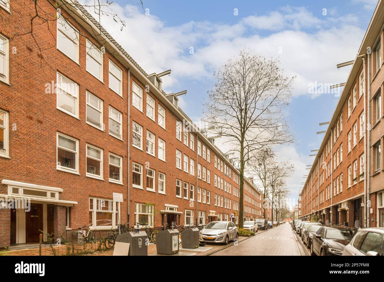 a city street with cars parked on both sides and trees in the middle ...