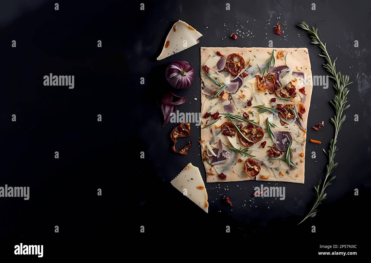 Italian bread with sundried tomatoes, thyme, onions and herbs. view from above. generative ai