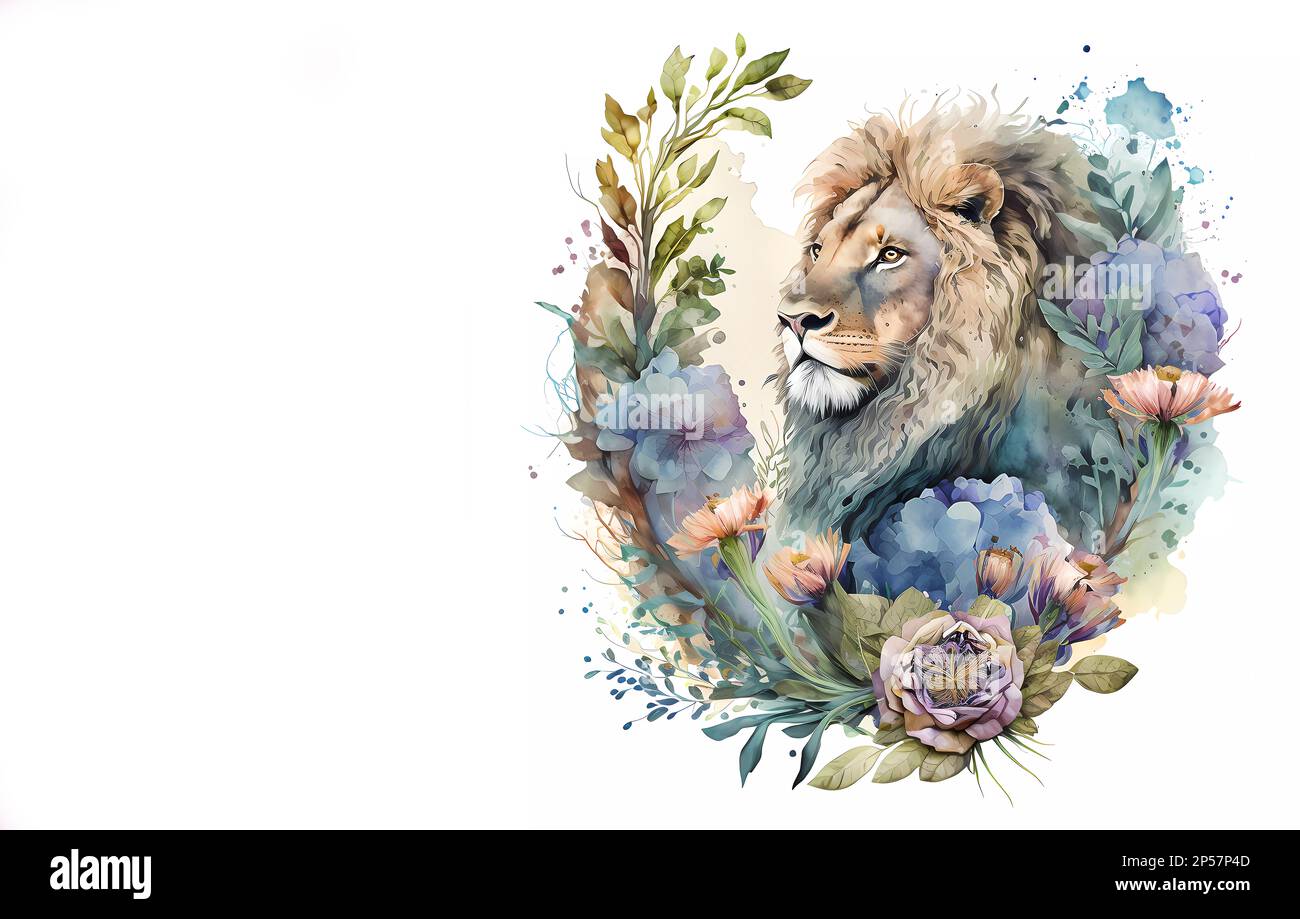 Lion in flowers. Watercola. Lion in a flower arrangement. AI Stock