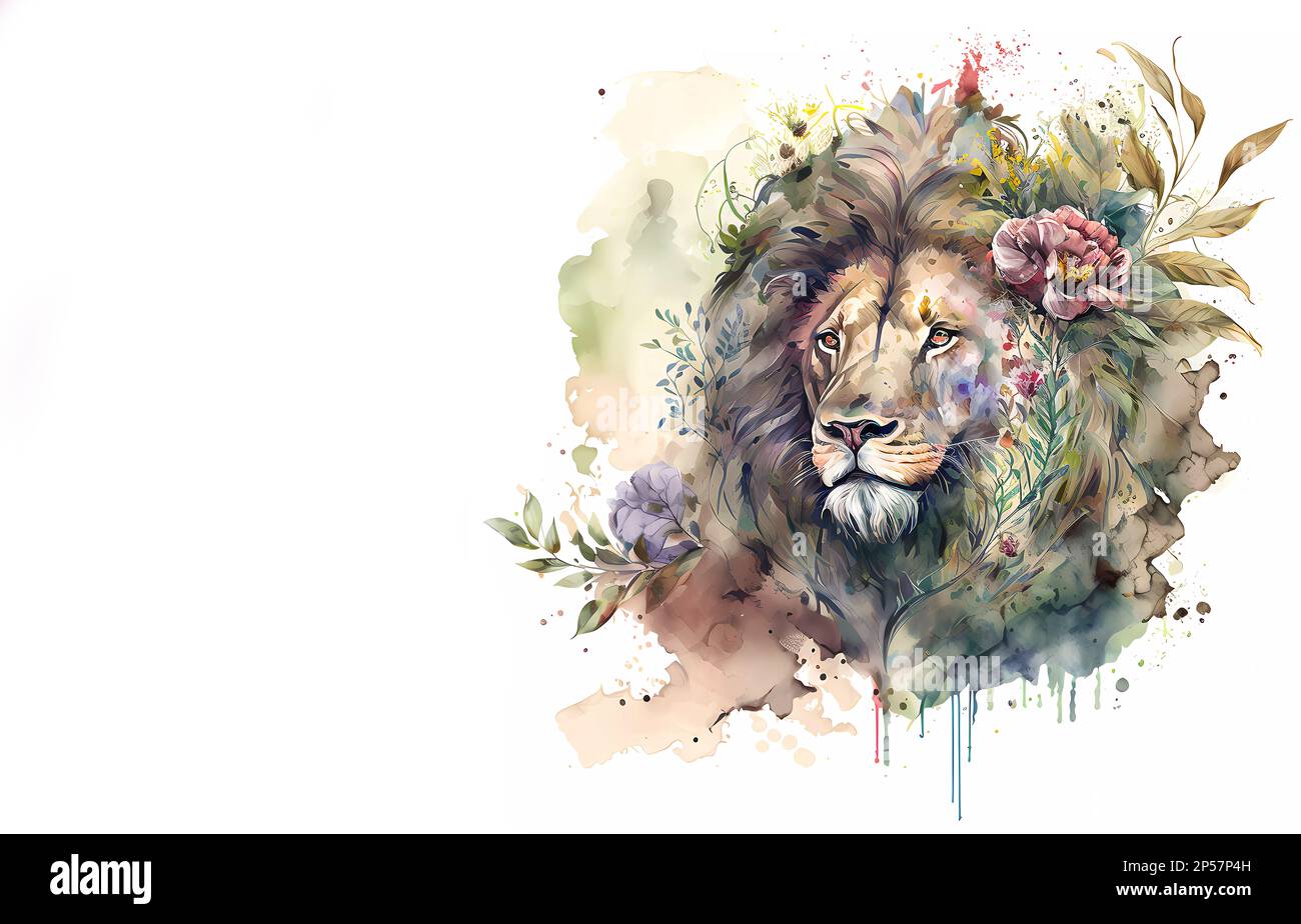 Lion in flowers. Watercola. The muzzle of a lion in a flower