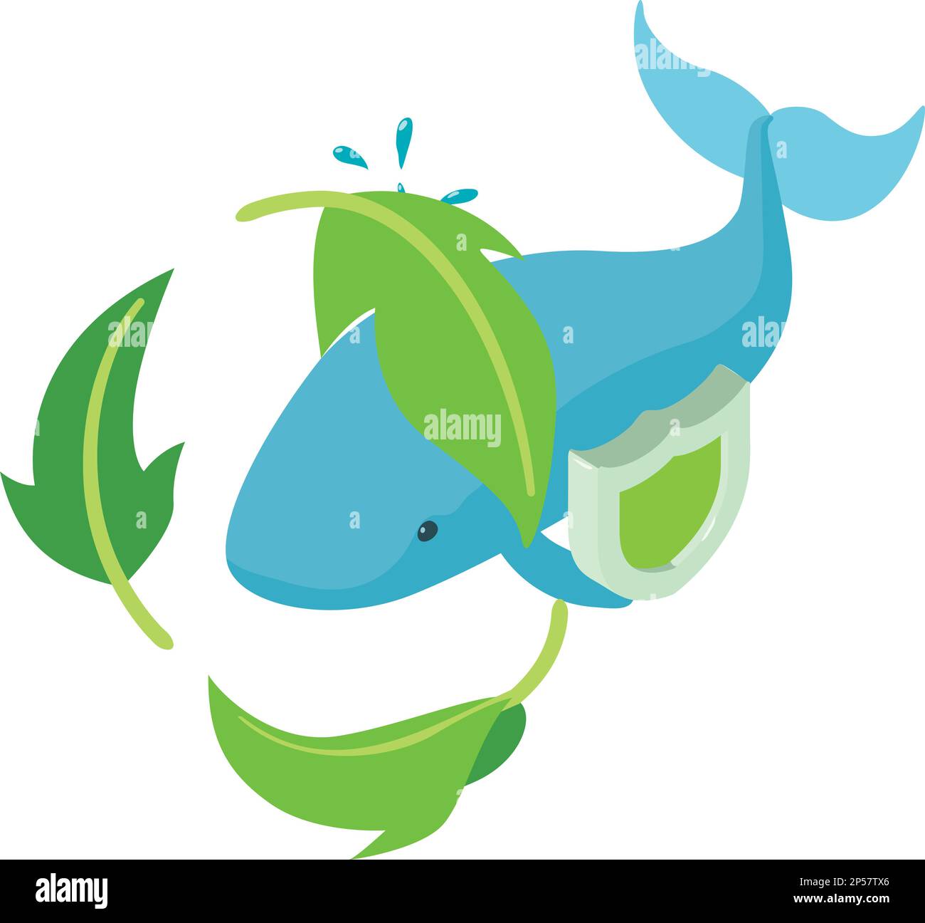 Ocean protection icon isometric vector. Blue whale in leaf circle behind shield. Ecology, environmental protection Stock Vector