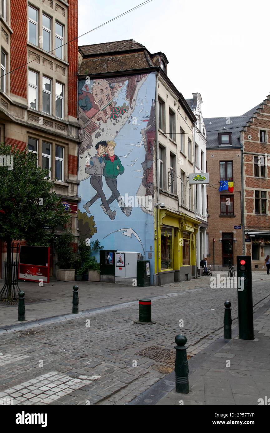 Brussels, Belgium - August 26 2017: The Broussaille Wall located in Rue du Marché au Charbon was the first comic strip mural to be painted in July 199 Stock Photo