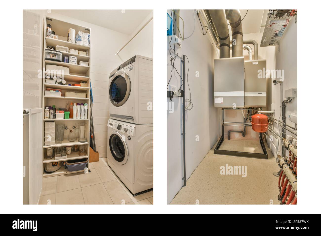 a small laundry room with a washer, dryer and other items on the shelves in front of the door Stock Photo