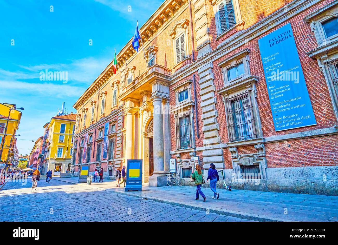 MILAN, ITALY - APRIL 11, 2022: Facade of Palazzo di Brera, the monumental palace in Brera district, the house of Pinacoteca di Brera museum, on April Stock Photo
