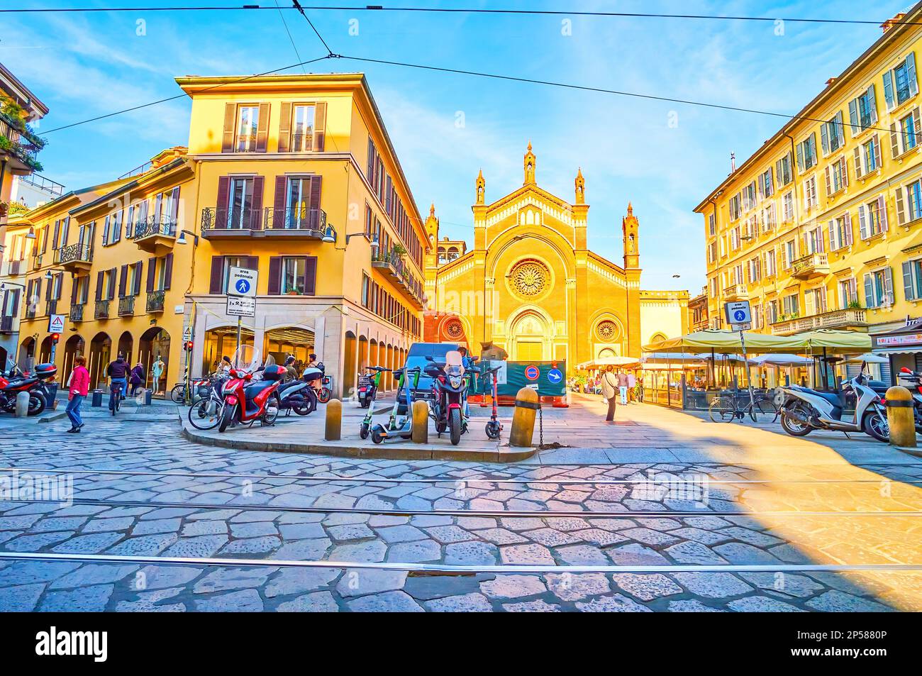 MILAN, ITALY - APRIL 11, 2022: Piazza del Carmine in Brera district with restaurants, taverns and outdoor dining places, on April 11 in Milan, Italy Stock Photo