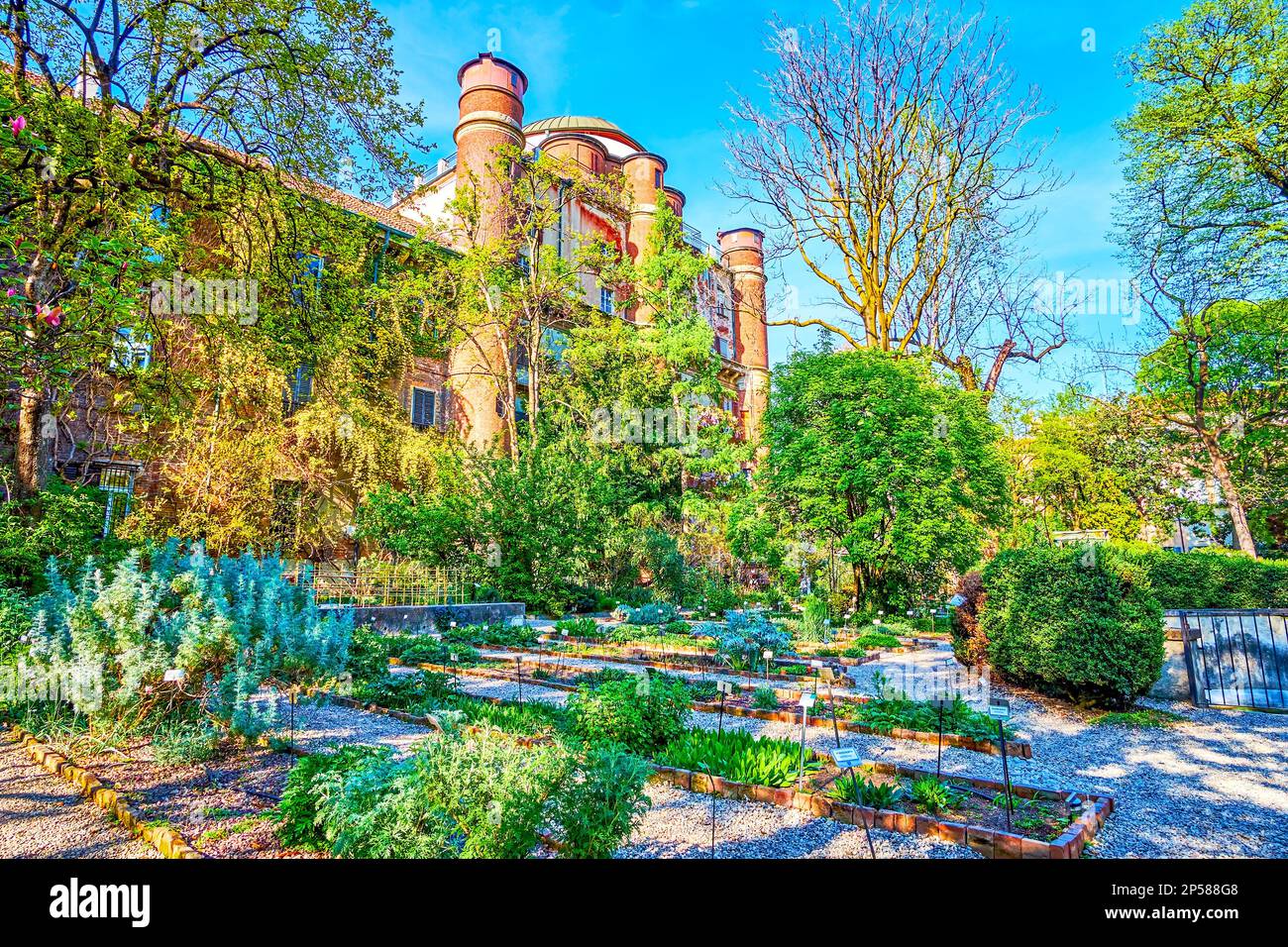 Panorama of the beautiful old Brera Botanical Garden with lush green trees and garden beds, including many different plant species, Milan, Italy Stock Photo