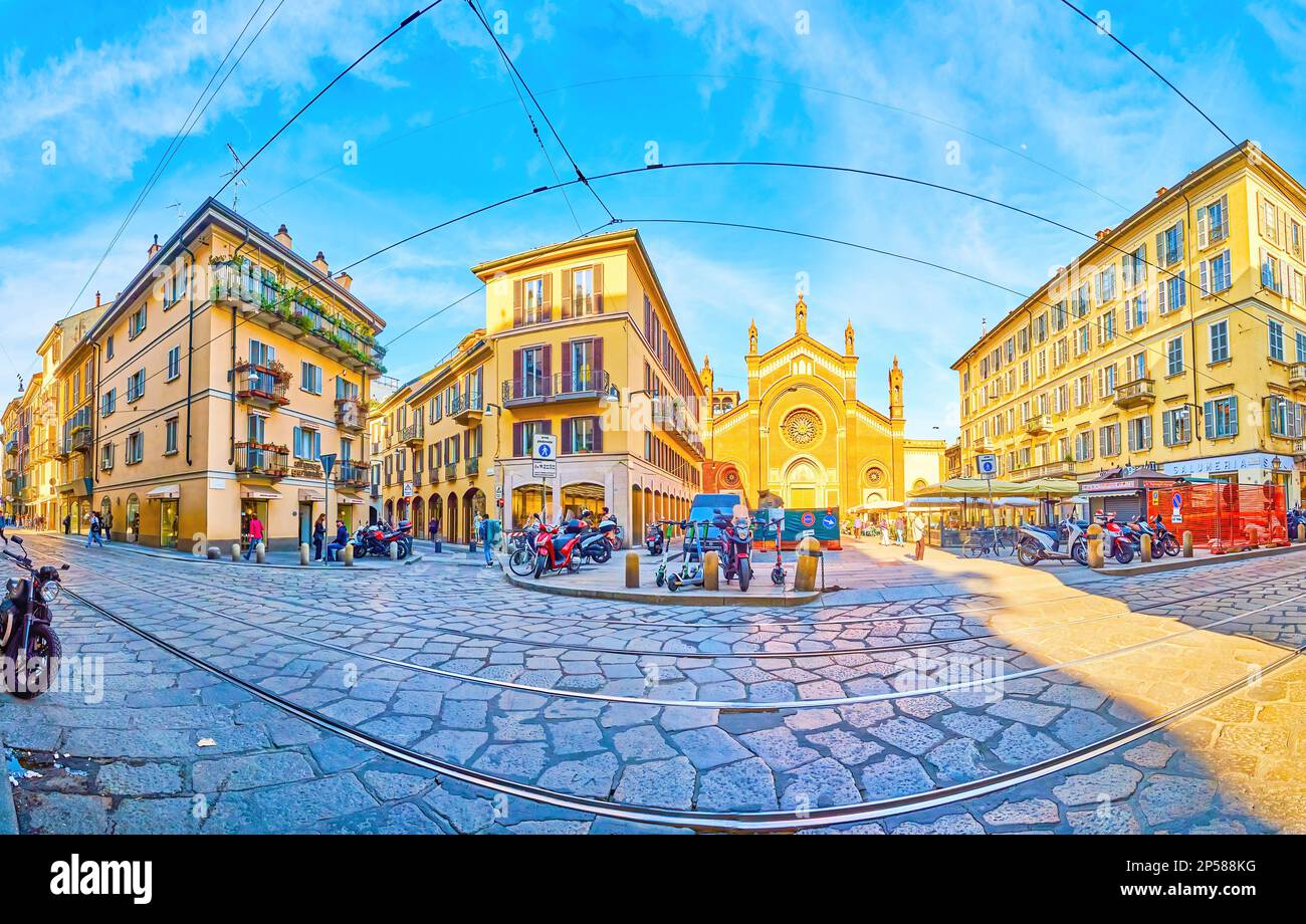 MILAN, ITALY - APRIL 11, 2022: Panoramic view on Piazza del Carmine, the highlite of Brera district with Carmine Church, on April 11 in Milan, Italy Stock Photo