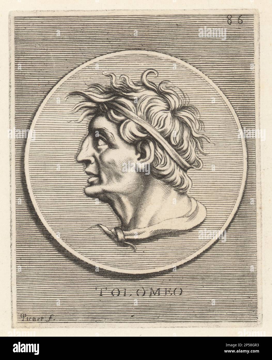 Ptolemy I Soter, c. 367-282 BC, Macedonian general under Alexander the Great who became ruler of Egypt and founder of the Ptolemaic dynasty. From a silver tetradrachm coin. Tolomeo. Copperplate engraving by Etienne Picart after Giovanni Angelo Canini from Iconografia, cioe disegni d'imagini de famosissimi monarchi, regi, filososi, poeti ed oratori dell' Antichita, Drawings of images of famous monarchs, kings, philosophers, poets and orators of Antiquity, Ignatio de’Lazari, Rome, 1699. Stock Photo