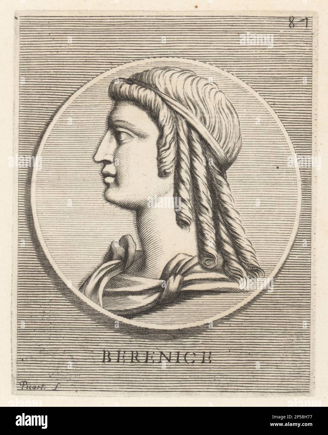 Berenice I, c. 340-268 BC, Queen of Egypt by marriage to Ptolemy I Soter. Second queen, after Eurydice, of the Ptolemaic dynasty of Egypt. Wearing her hair in ringlets under a royal diadem. Berenice. Copperplate engraving by Etienne Picart after Giovanni Angelo Canini from Iconografia, cioe disegni d'imagini de famosissimi monarchi, regi, filososi, poeti ed oratori dell' Antichita, Drawings of images of famous monarchs, kings, philosophers, poets and orators of Antiquity, Ignatio de’Lazari, Rome, 1699. Stock Photo