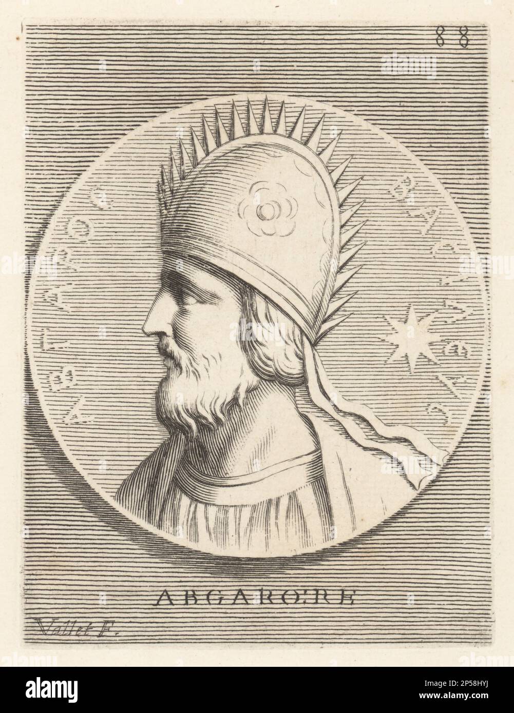 Abgar V, called Ukkama, King of Osroene, with his capital at Edessa (c. 1st century BC - 50 AD). One of the first Christian kings in history, converted by Thaddeus of Edessa. Abgaro Re. Copperplate engraving by Guillaume Vallet after Giovanni Angelo Canini from Iconografia, cioe disegni d'imagini de famosissimi monarchi, regi, filososi, poeti ed oratori dell' Antichita, Drawings of images of famous monarchs, kings, philosophers, poets and orators of Antiquity, Ignatio de’Lazari, Rome, 1699. Stock Photo