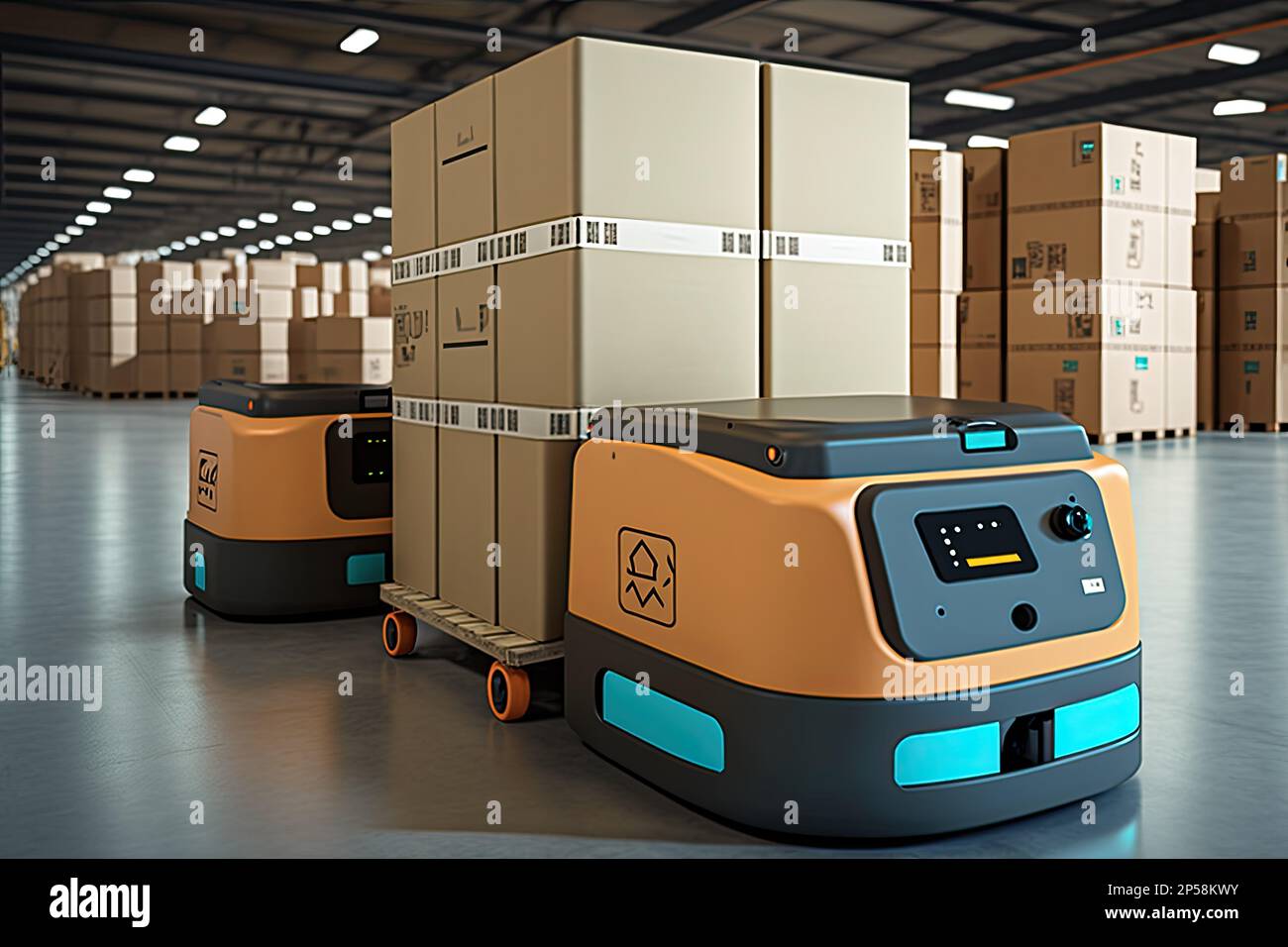 AVG forklifts moving boxes in a warehouse 3d rendering Stock Photo Alamy